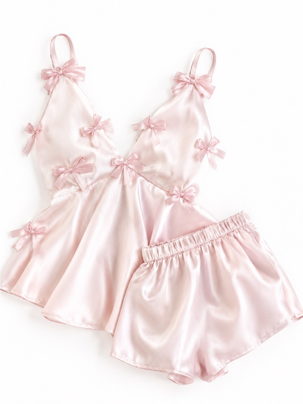 Delicate Bow Satin Cami & Short Sleep Set in Light Pink